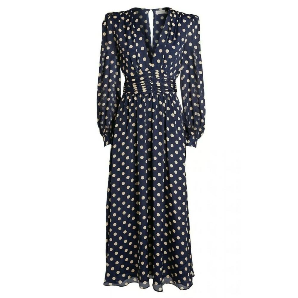 NWT Ronny Kobo Navy Maria Polka Dot Long Sleeve Low V-Neck Midi Dress Size Med - Picture 4 of 6